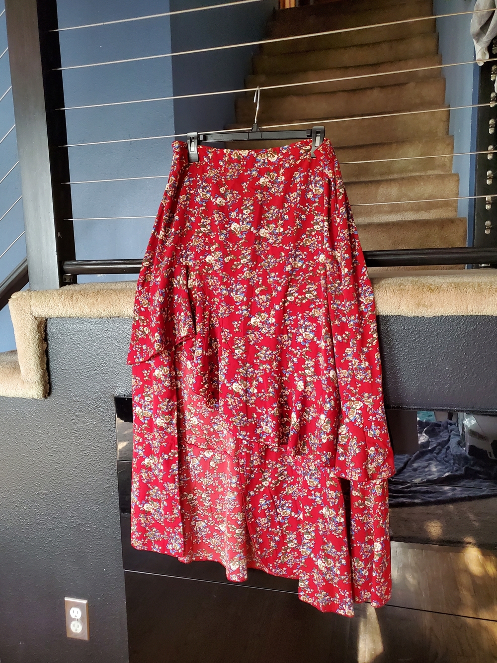 Red Floral Asymmetric Maxi Skirt